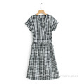 Women New Black White Plaid Lace-up Dress